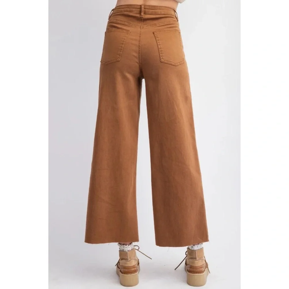 Easel Wood Brown Heart Patch Wide Leg Jeans | High Waist Stretchy Boho Denim - Picture 5 of 7